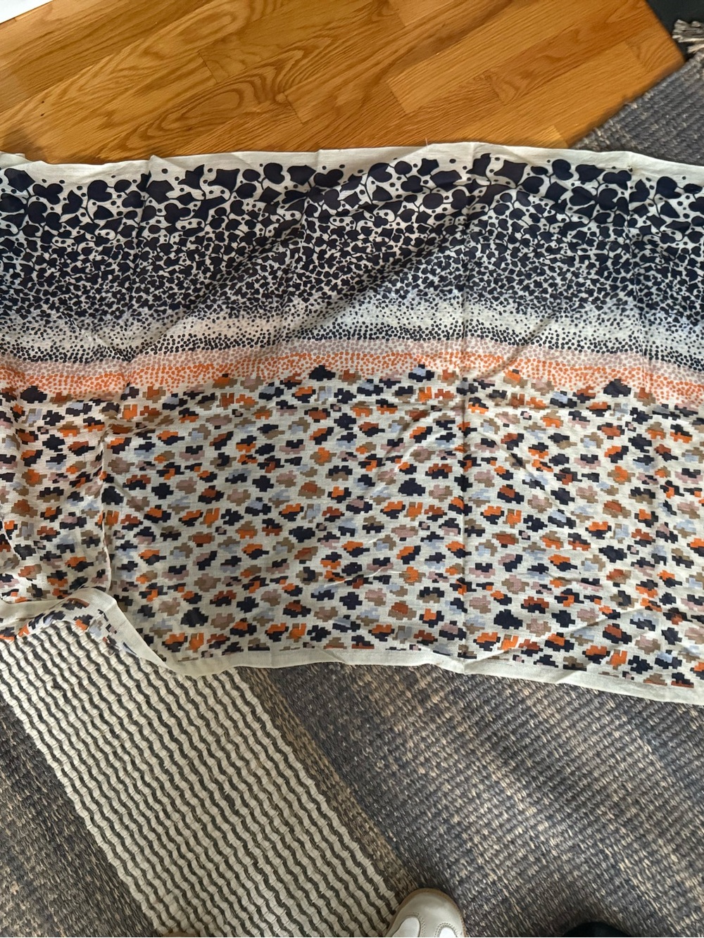 Abstract Print Oversized Wrap Scarf – Navy, Orange & Neutral – 70” x 28”